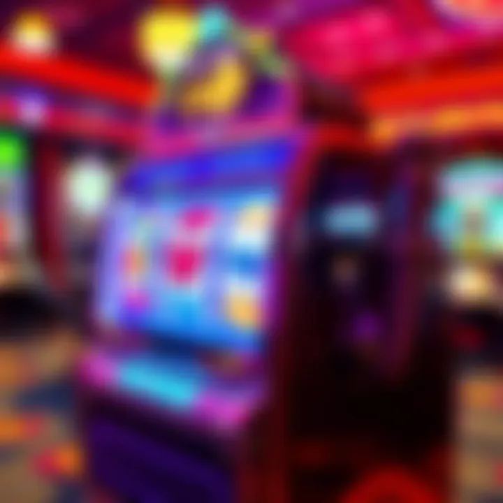 A colorful slot machine with spinning reels featuring various symbols like fruits and coins, set in a lively casino background.
