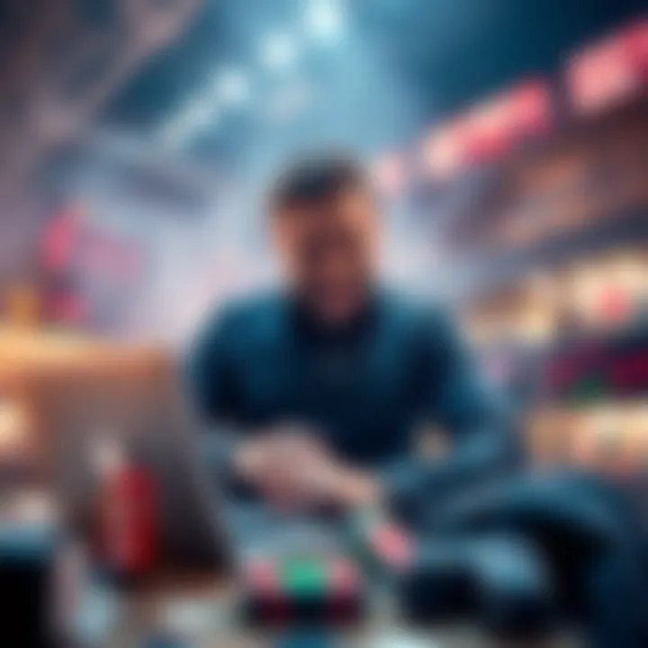 Late Game Parlay Betting Strategy A person analyzing sports betting odds on a laptop with excitement in a lively atmosphere.