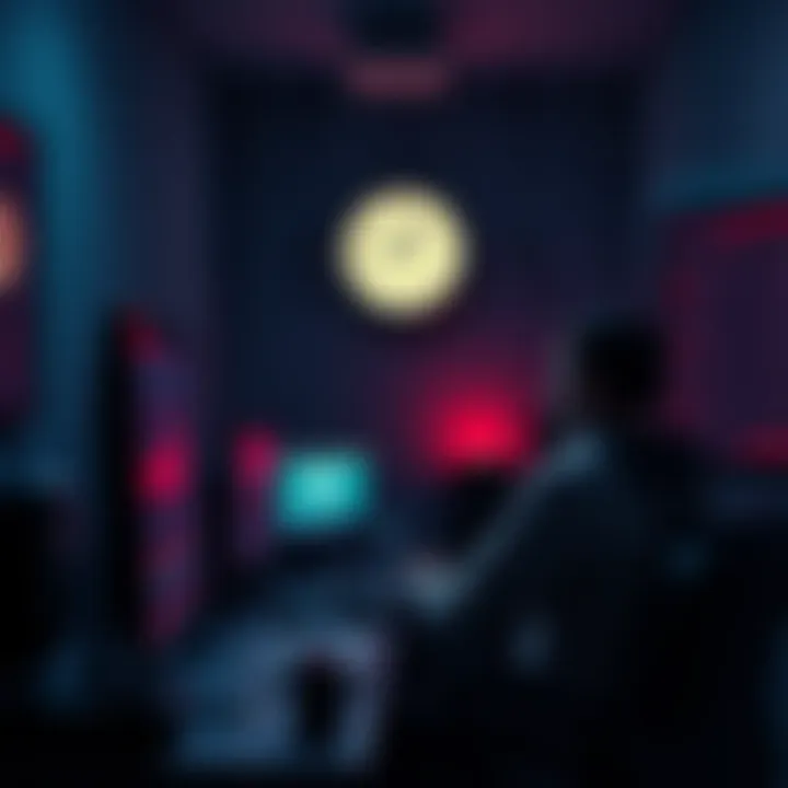 A quiet room with dim lighting where a person places bets on a computer, surrounded by a clock showing midnight.