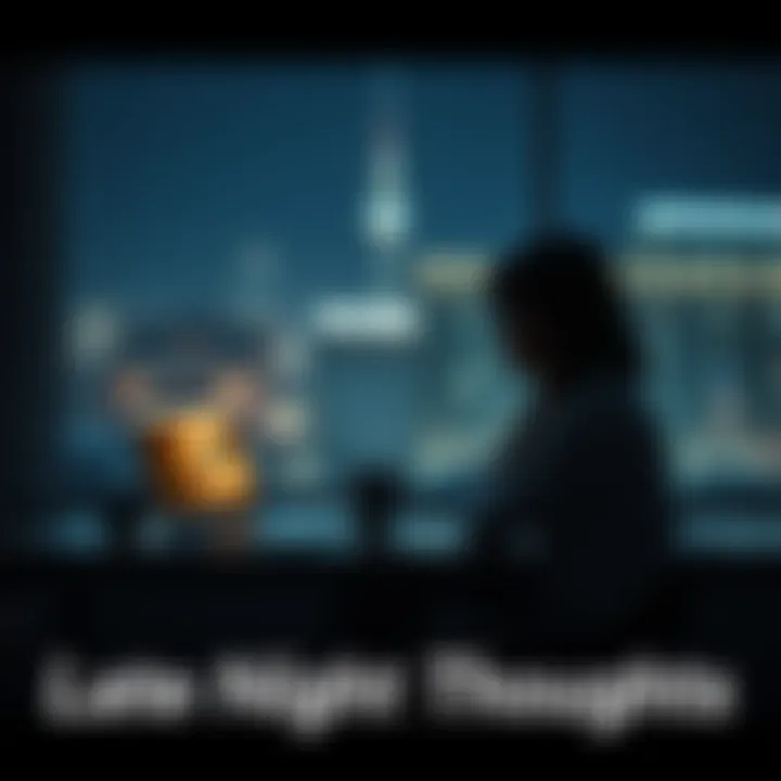 Late Night Thoughts A person sitting at a desk with a cup of coffee, pondering over thoughts in the dark with a laptop open, showing a chat window for sharing ideas.