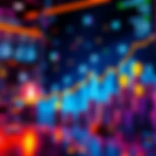 A graphic showing rising cryptocurrency values and technology symbols