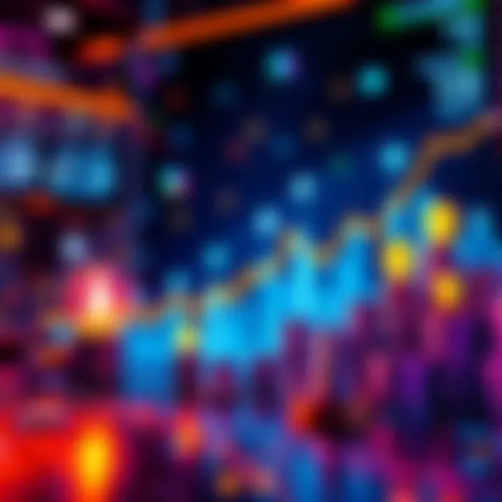 A graphic showing rising cryptocurrency values and technology symbols
