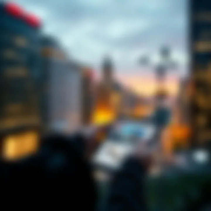 A person reading news on a digital tablet with a cityscape in the background