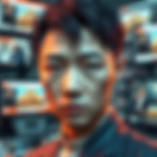 A close-up of Wen with a thoughtful expression, surrounded by news articles and digital screens displaying current events.