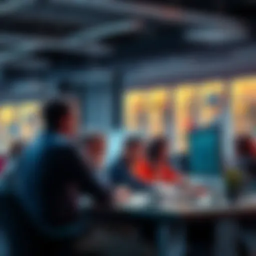 A group of people discussing work codes at a computer in a forum setting