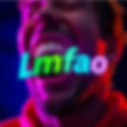 Laughing expression with Lmfao text A person laughing joyfully with the text Lmfao in bright colors