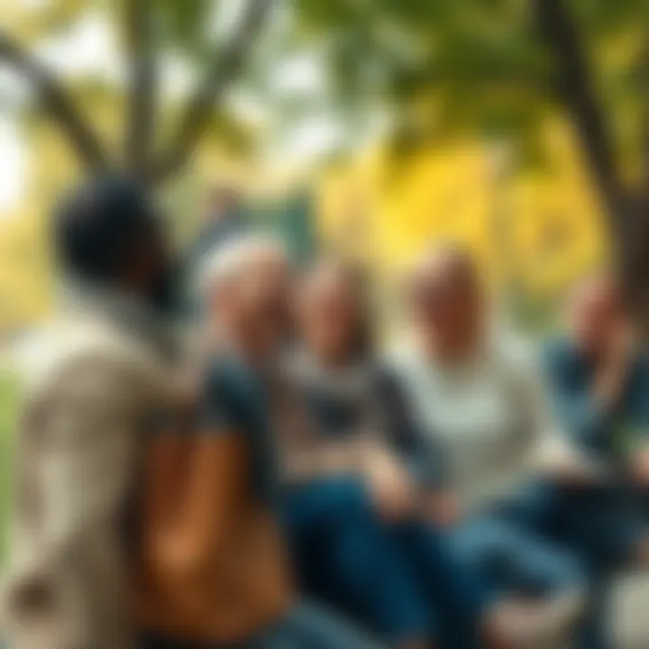 A group of diverse people laughing together in a park, enjoying each other's company