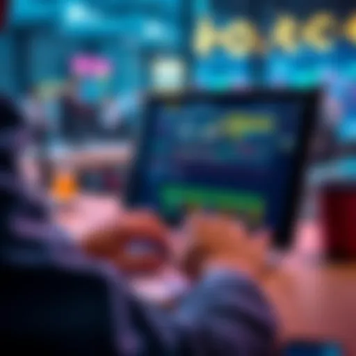 A person analyzing data on a laptop with betting graphics on the screen, representing the launch of an online betting platform.