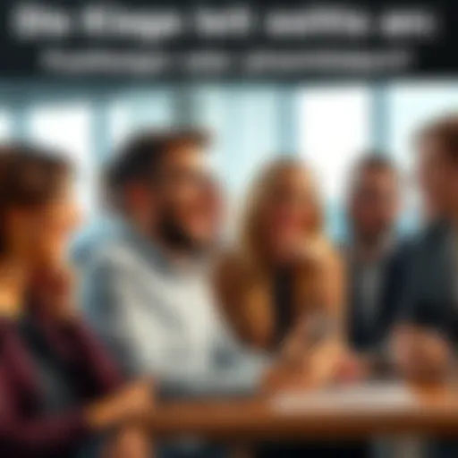 Group of people laughing and debating about ongoing lawsuits with humorous expressions