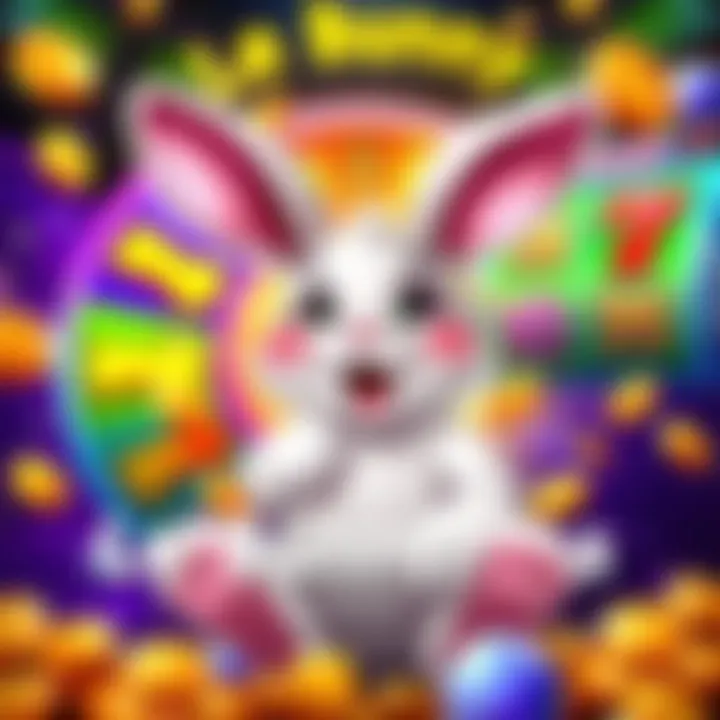 A vibrant illustration showing a cheerful bunny surrounded by colorful spinning reels and coins, representing free spins and big wins in a playful casino theme.