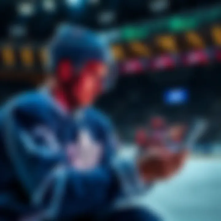 A Toronto Maple Leafs player analyzing game footage on a tablet, focused on improving their strategy for the next match.