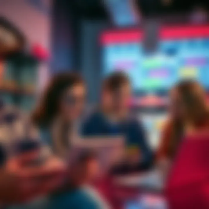 A group of young adults exploring online gambling websites on their laptops and smartphones