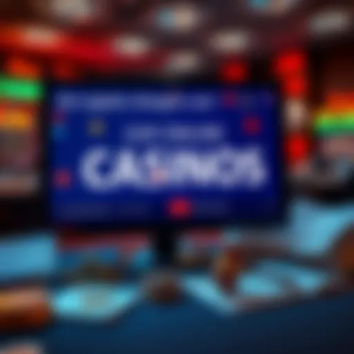 A visual representation of online casinos, showing a computer screen with gaming symbols and legal documents, illustrating licensing and regulations.