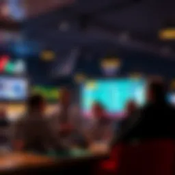 A group of people discussing legal gambling options at a sports bar, with odds displayed on a screen