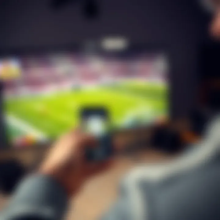 A person placing a bet on a sports event, showing a smartphone with betting app open and a sports game on TV in the background