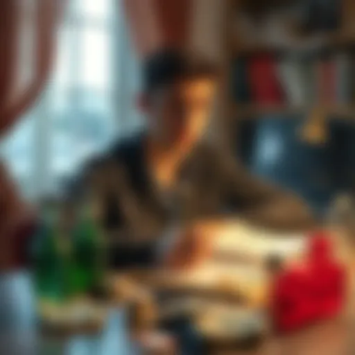 A young man sits at a desk, writing a heartfelt letter to his parents about his struggle with gambling addiction, surrounded by crumpled bills and empty bottles, showing the emotional weight of his situation.