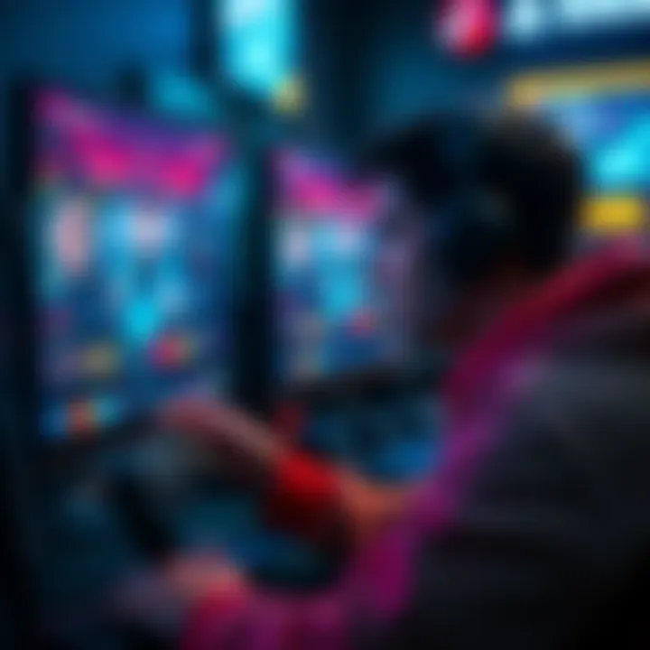 A gamer focusing on their screen, with game stats and tips visible, illustrating methods to level up quickly and efficiently.