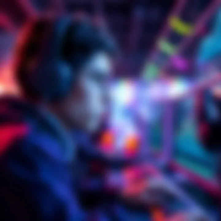 A gamer focused on the screen with progress bars showing advancement in a game