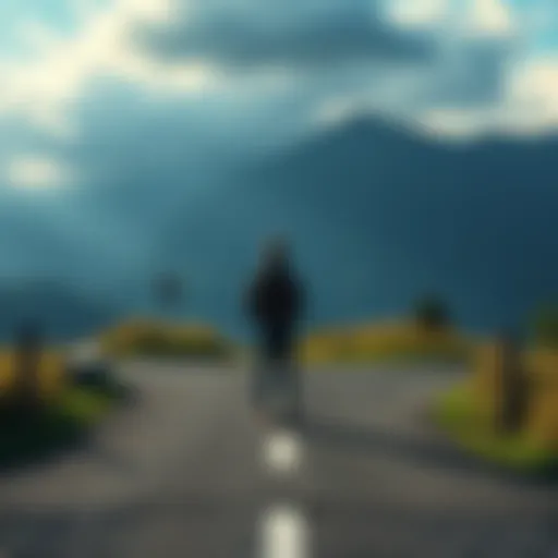 A person standing at a crossroads, contemplating choices amidst scenic nature.