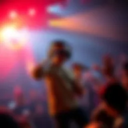 Lil Trix performing his new song on stage with bright lights and an enthusiastic crowd