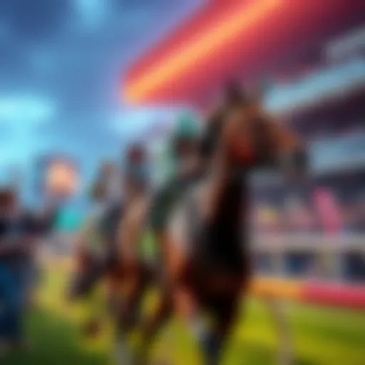 A vibrant horse racing scene featuring a jockey on the Lil Two Legger preparing for a race, with enthusiastic fans cheering from the stands and betting slips in hand.