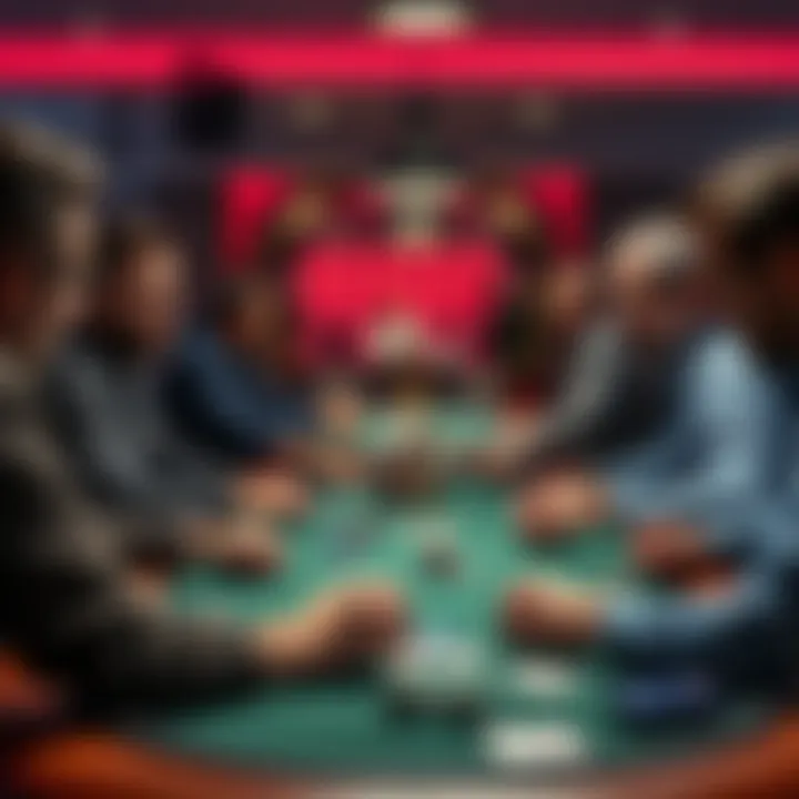 A group of people sitting around a poker table playing Limit Holdem Poker with chips and cards