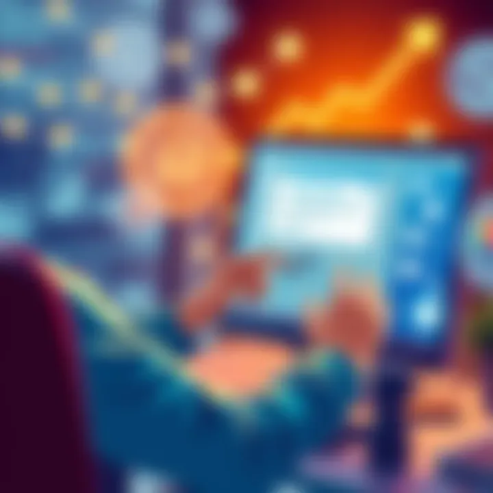 Link Requests and Online Presence An illustration showing a person sending a link request on a computer, with symbols representing online growth and connections in the background