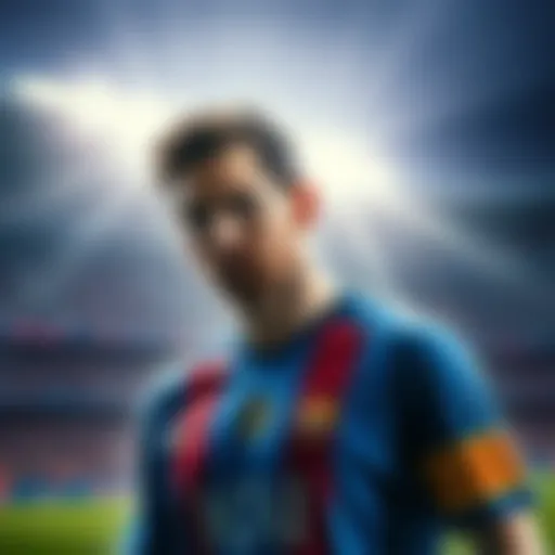 Lionel Messi in a football jersey Lionel Messi looking thoughtful while wearing a football jersey, with a stadium background