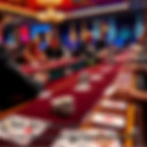 A close-up view of a live baccarat game table with players and dealers engaging in the game, cards laid out, and chips visible