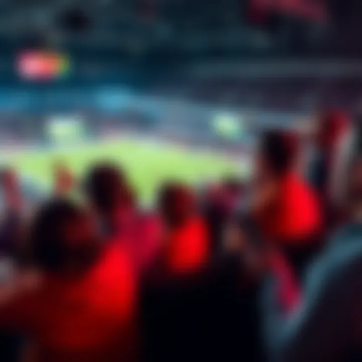 An excited group of sports fans watching a live game while placing bets on their devices.