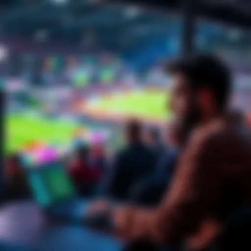 A person watching a sports event on TV while placing live bets on a laptop, looking focused and engaged.