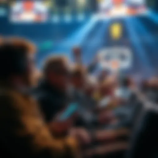A group of excited fans watching basketball games and placing live bets on their devices during March Madness
