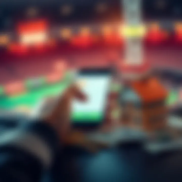 A person placing a live bet on a smartphone with a house key and money beside it, symbolizing innovative solutions for rent payments.