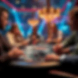 A poker table with players reacting to intense moments during a game, showcasing cards and chips in play