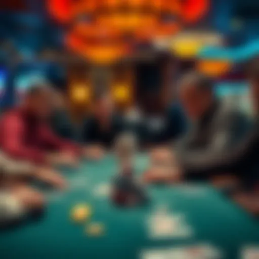 A tense moment during a live poker game at Rivers Casino in Chicago, showing players focused on their cards with chips stacked on the table.
