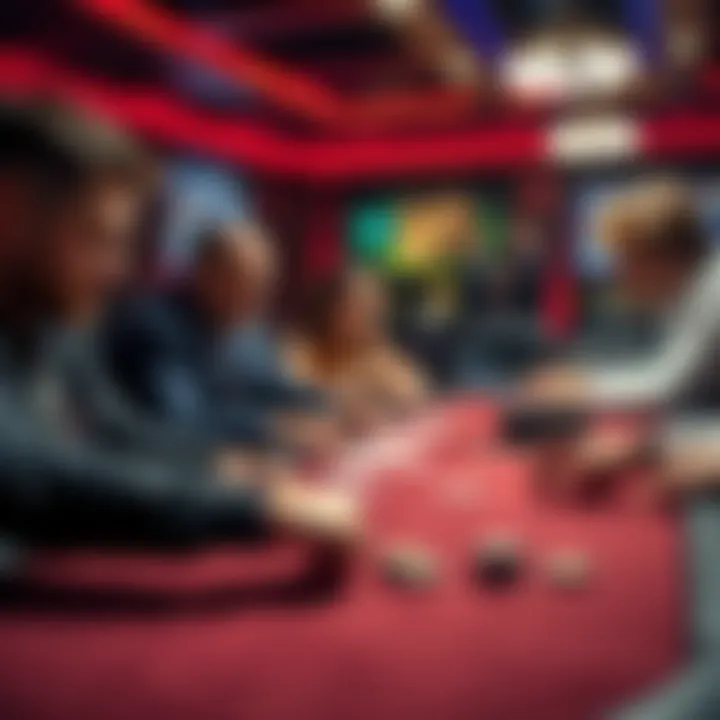 A group of players at a poker table in a casino, focused on the game with cards and chips in play.