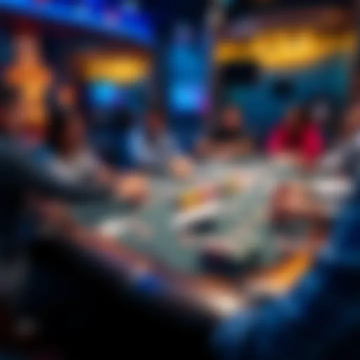 A lively poker table with players engaged in a morning game in Las Vegas, showcasing chips and cards on the table.