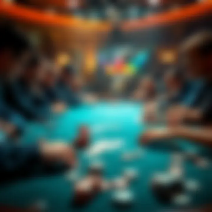 A live poker table with players focused on their cards and chips, showcasing an active game environment.