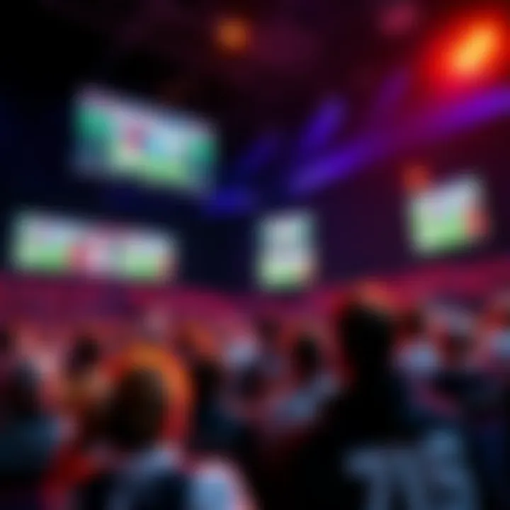 A crowd of excited people watching a live betting event, with bright screens displaying odds and game highlights.