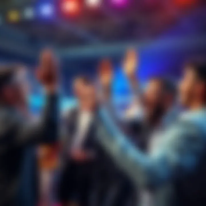 Live Betting Excitement A group of excited people celebrating a big live betting win with cheering and high-fives.