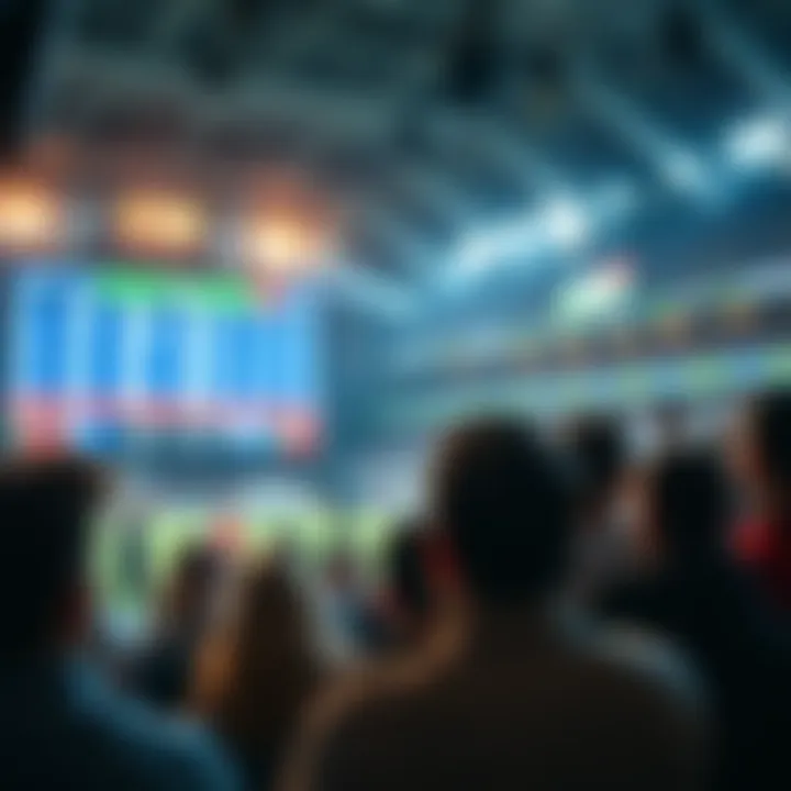 A shocked crowd watching a sports event, with live betting odds displayed on a screen in the background.