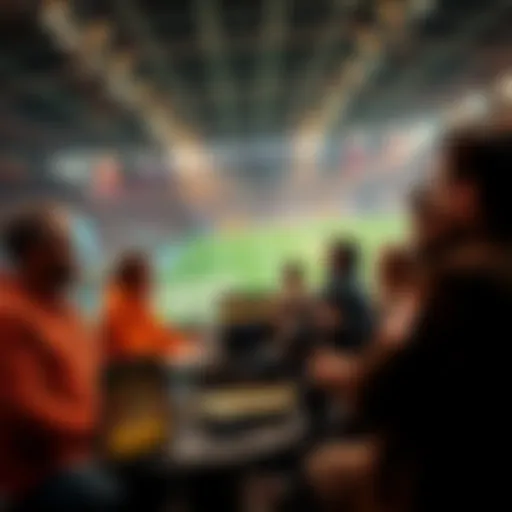 Group of people placing live bets during a sports game, showing excitement and teamwork