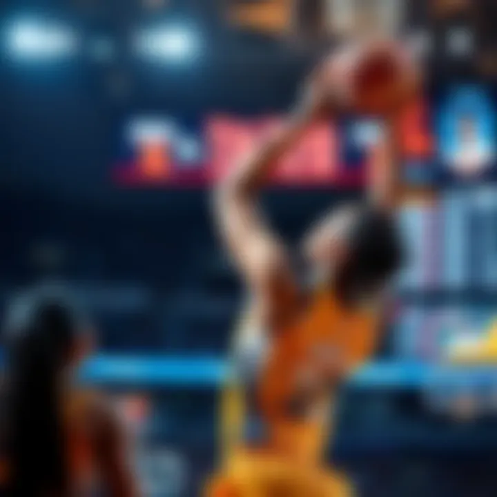 Live Betting on WNBA A basketball player shooting during a WNBA game with betting odds displayed on a screen in the background.