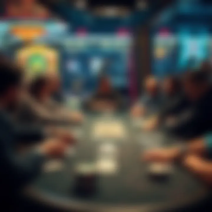 A lively cash game table with players engaged in a game of poker, showing cards and chips, in a local casino setting.