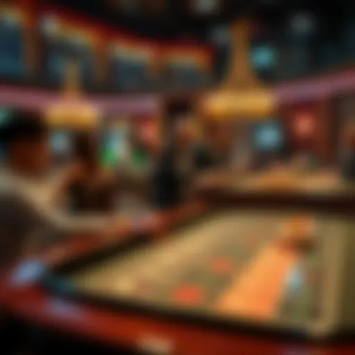 A vibrant live casino games table with a dealer and players engaged in a game, showcasing thematic elements and excitement.