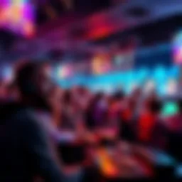 A vibrant scene showing people engaging in various live games, with excitement in the air and a chat area for discussions visible.