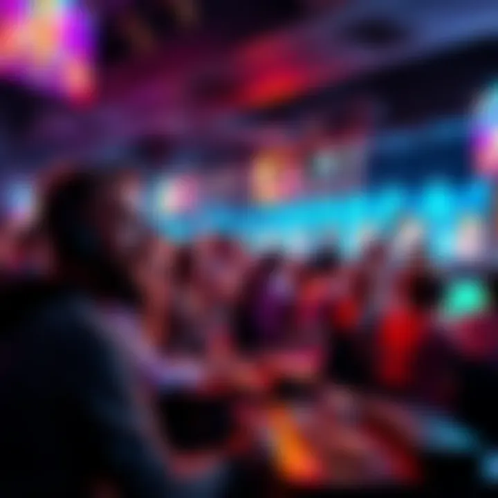 A vibrant scene showing people engaging in various live games, with excitement in the air and a chat area for discussions visible.