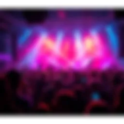 Crowd enjoying a live music performance with colorful lights and energetic atmosphere