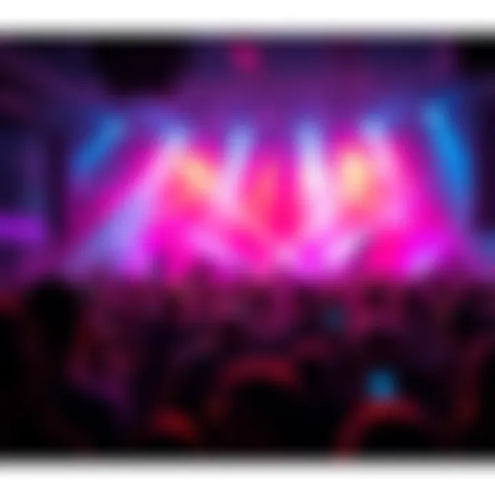 Crowd enjoying a live music performance with colorful lights and energetic atmosphere
