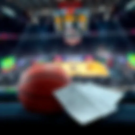 A basketball with betting slips and a scoreboard in the background showing an NBA game
